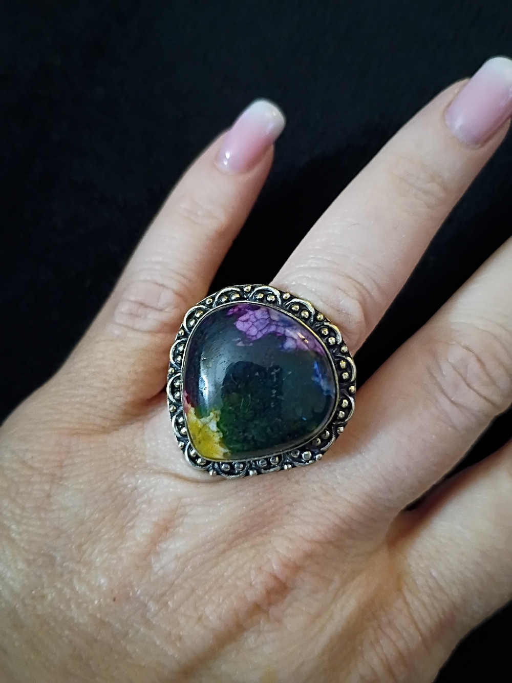 Sterling Silver Multicolor Glass Dome Statement Ring